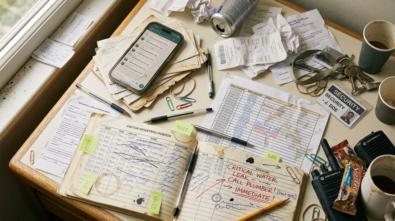 Fragmented tools a community currently relies on: a chat app, a paper register, a spreadsheet, and a security guard's memory, disconnected from each other
