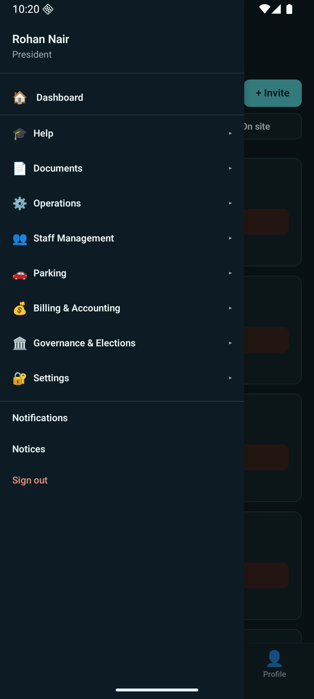 The Tharavadu mobile menu listing the modules available to this member