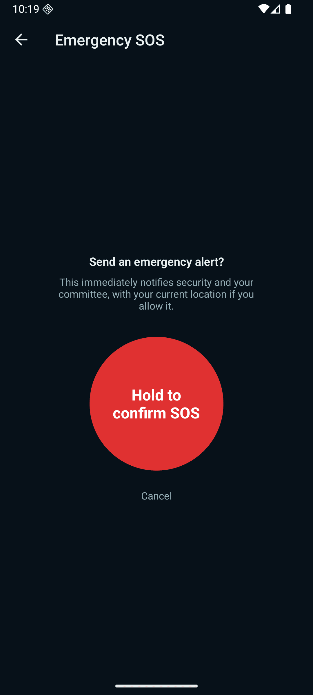 The Emergency SOS screen in the Tharavadu mobile app, with a hold-to-confirm button that notifies security and the committee