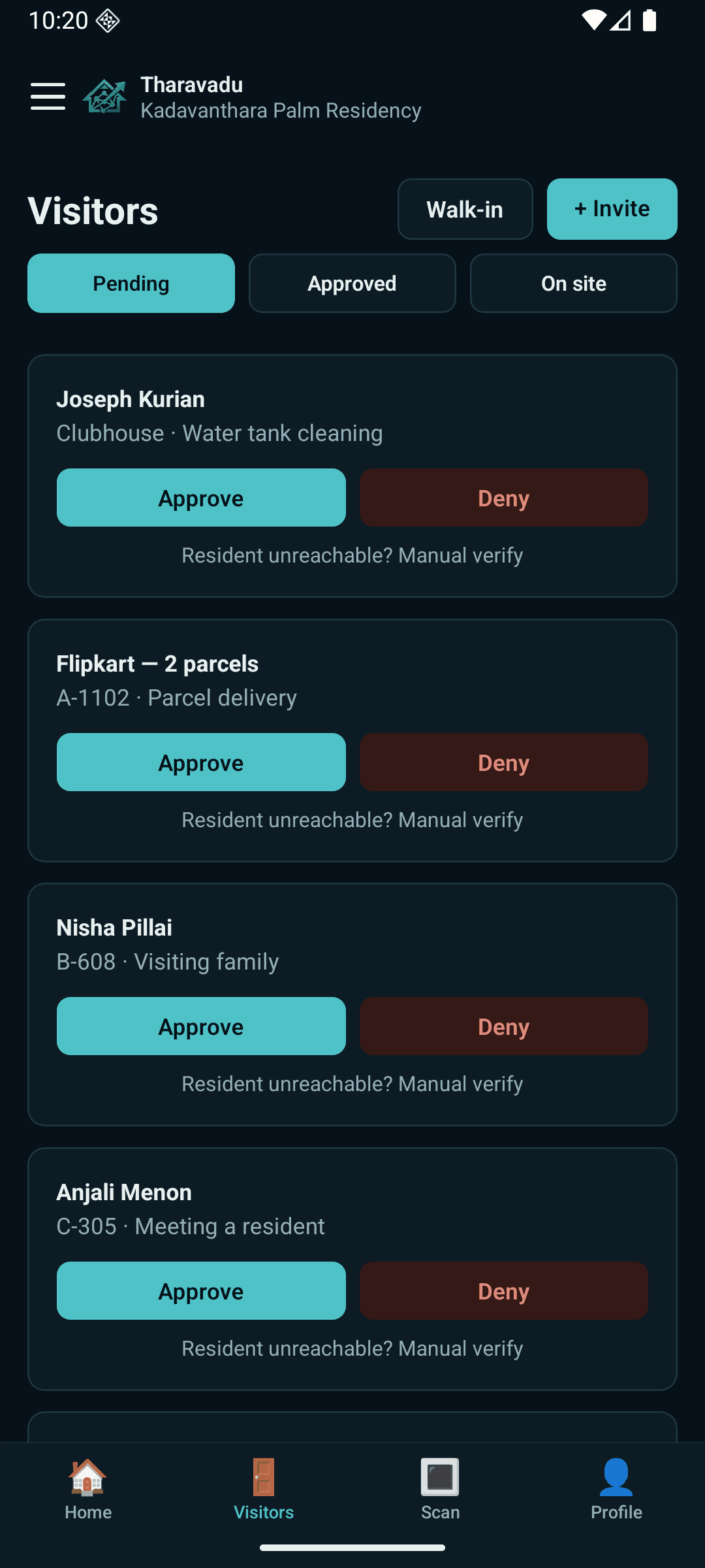 The mobile visitors screen showing a pending walk-in visitor with Approve and Deny actions